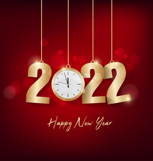 Happy new year 2022 background. Golden shiny numbers with confetti and ribbons on black background. Holiday greeting card design.