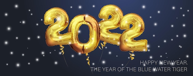 Felice anno nuovo 2022. palloncini d'oro realistici di sfondo. elementi decorativi di design. festeggia la festa poster, banner, biglietto di auguri.