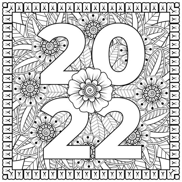 Felice anno nuovo 2022 banner o modello di carta con fiore mehndi