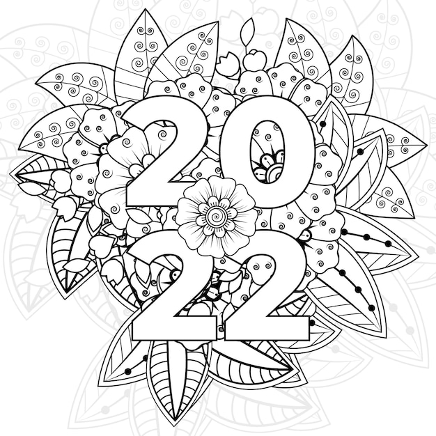 Vettore felice anno nuovo 2022 banner o modello di carta con fiore mehndi