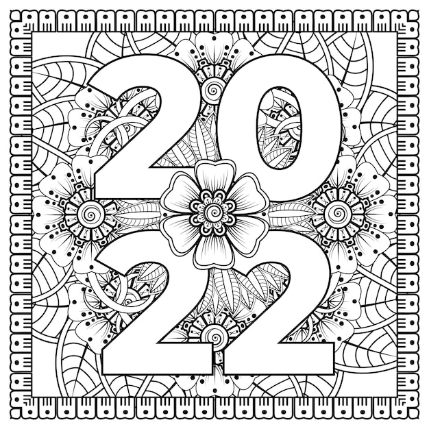 Felice anno nuovo 2022 banner o modello di carta con fiore mehndi