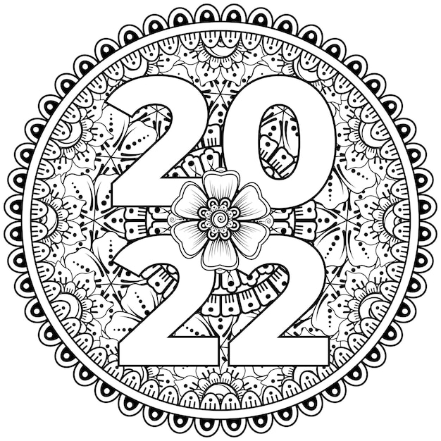 Vettore felice anno nuovo 2022 banner o modello di carta con fiore mehndi