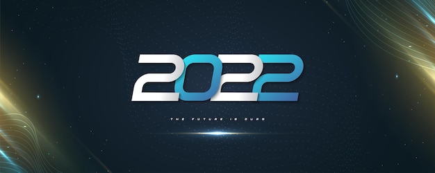 미래 지향적인 스타일의 파란색과 흰색 숫자가 있는 새해 복 많이 받으세요 2022 배너 디자인. 2022 로고 또는 기호. 휴일 벡터 일러스트