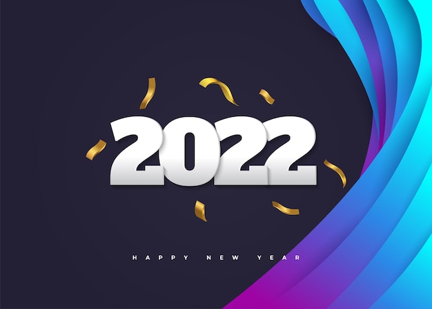 Vettore felice anno nuovo 2022 banner o poster con coriandoli dorati su sfondo colorato. 2022 logo o simbolo. illustrazioni vettoriali di vacanza