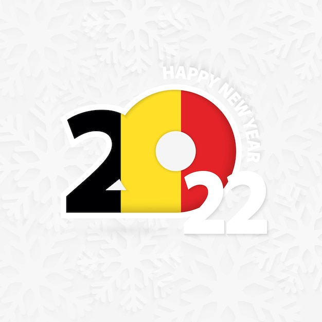 Happy New Year 2022 for Belgium on snowflake background.