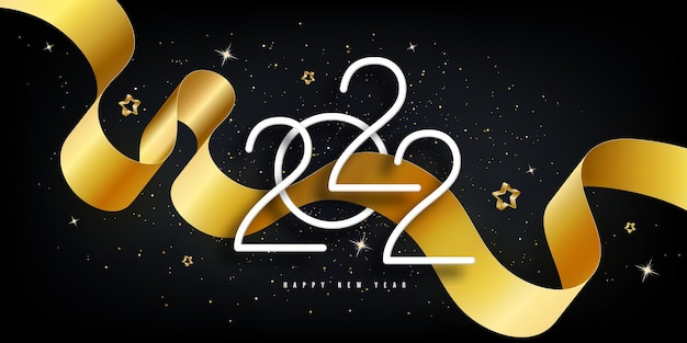 Happy new year 2022 Black background with golden numbers confetti stars and streamer ribbons