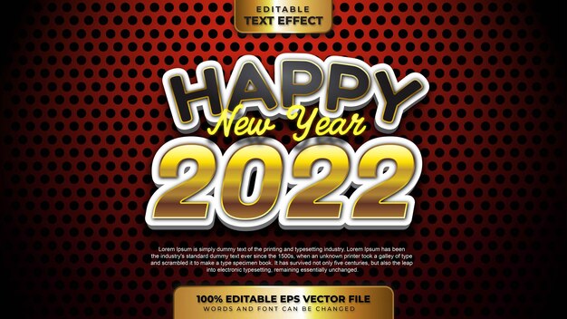 Happy new year 2022 effetto di testo modificabile 3d in oro nero