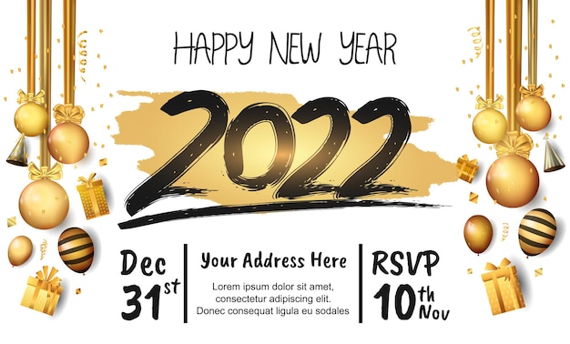 흰색 배경에 고립 된 황금 브러시와 파티 요소와 함께 행복 한 새 해 2022 검은 번호