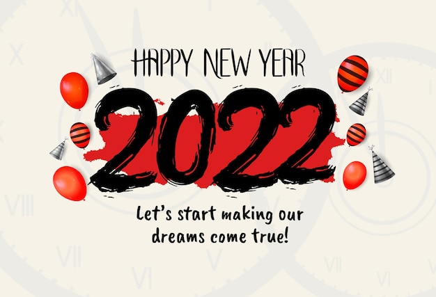 Vector happy new year 2022 black number with red and silver balloons isolated on white background
