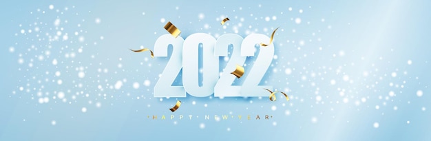 Happy new year 2022. blue christmas typography design. winter season background with falling snow. christmas and new year poster template. holiday greetings.