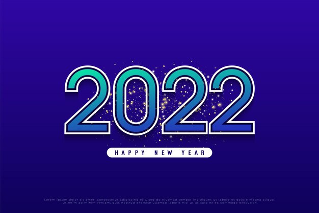 Vettore felice anno nuovo 2022 su sfondo blu brillante e con decorazioni glitter oro