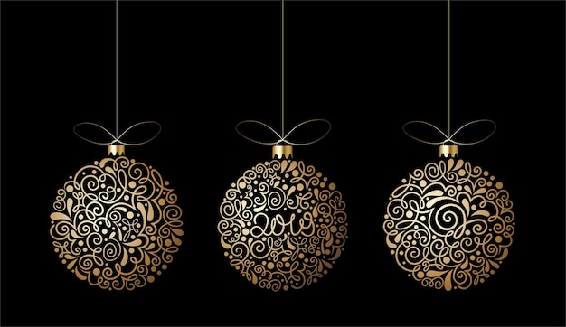 Biglietto di felice anno nuovo 2022 con palline di natale ornate d'oro