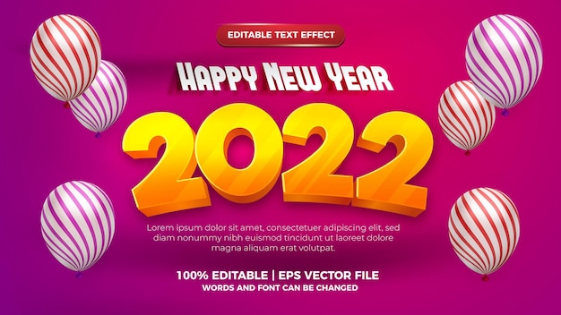 Felice anno nuovo 2022 stile cartone animato moderno 3d effetto testo modificabile