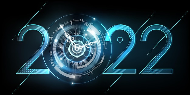 Happy New Year 2022 celebration with white light abstract clock on futuristic technology background