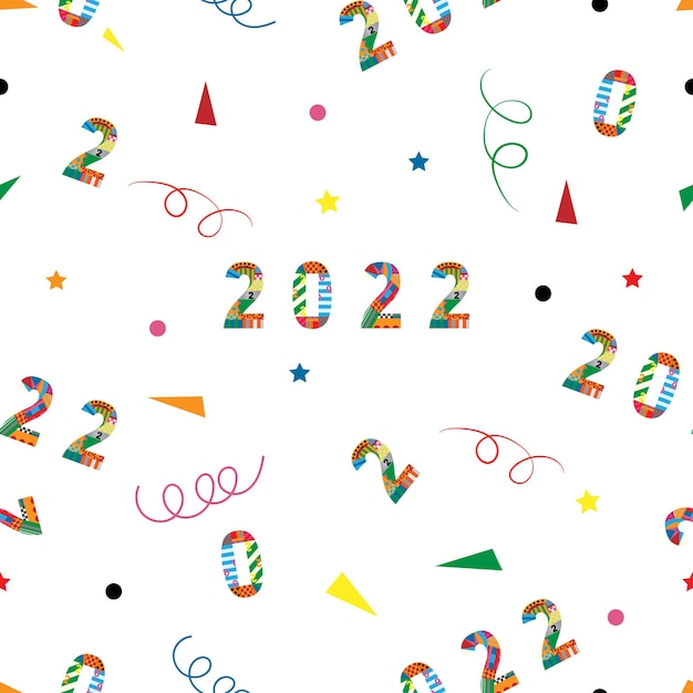 Felice anno nuovo 2022 o motivo natalizio senza cuciture con forma geometrica minuscola, vorticoso e stella su sfondo bianco, motivo di design carino elemento per sfondo di carta da regalo di capodanno o natale