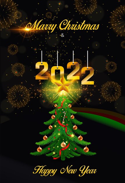 Vector happy new year 2022 christmas tree 3d metallic ball with lightning green background