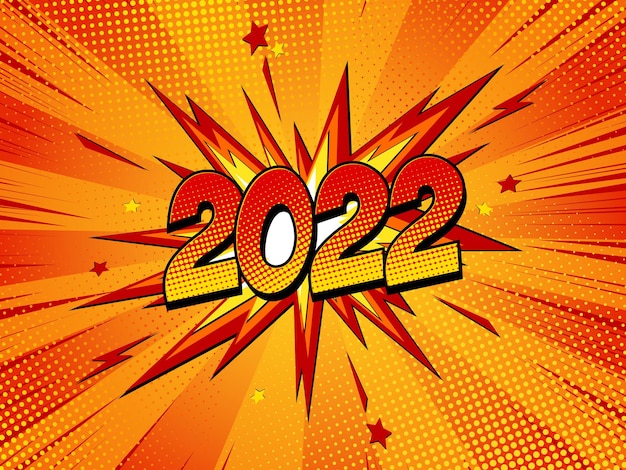 Happy new year 2022 comic greetings card with lightning blast. Cartoon Vector Illustration on red.