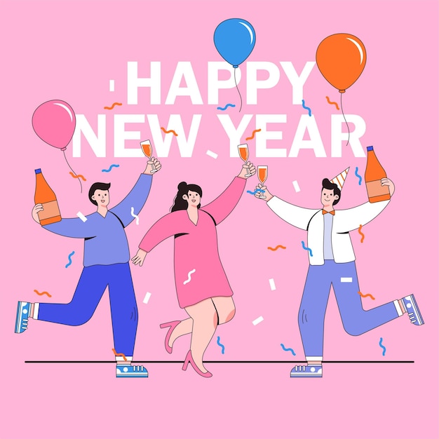 祝賀新年 2022 概念與一群人在平坦的設計中慶祝.派對用香<unk>玻璃杯,氣球,派對帽子.向量插圖為背景,祝賀卡,社交媒體旗<unk>