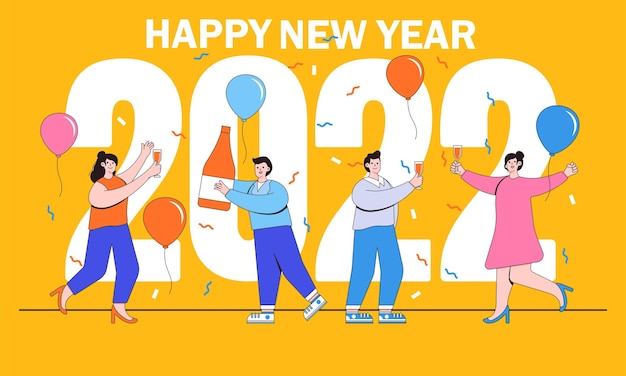 フラットなデザインで祝う人々のグループとの新年あけましておめでとうございます2022年のコンセプト。シャンパングラスと風船でパーティー。背景、グリーティングカード、ソーシャルメディアバナーのベクトルイラスト。