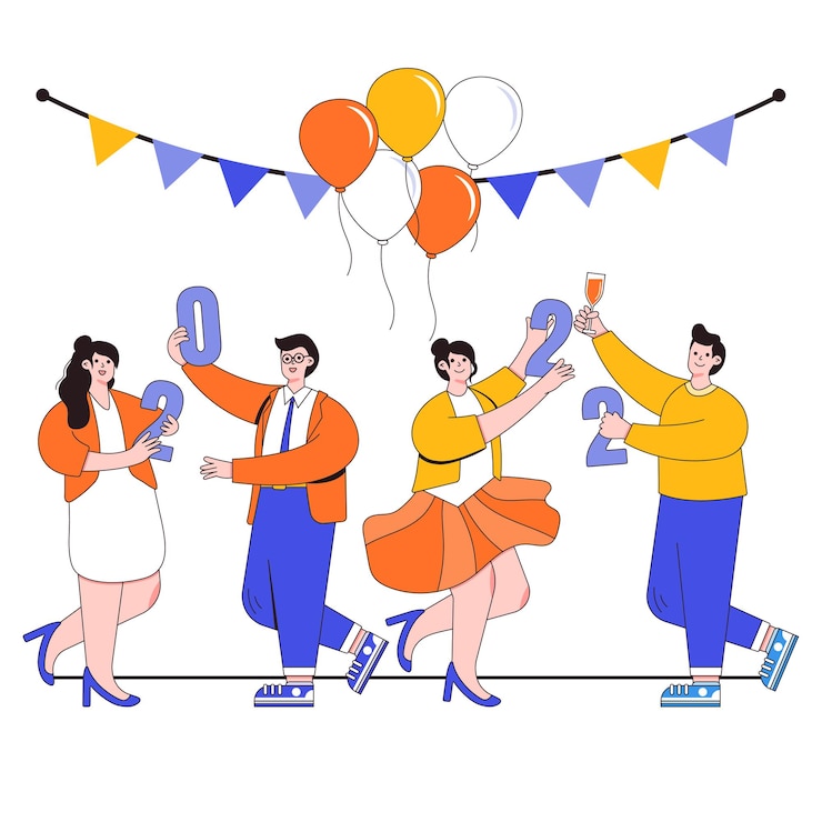 Vector フラットなデザインで祝う人々のグループとの新年あけましておめでとうございます2022年のコンセプト。シャンパングラスと風船でパーティー。背景、グリーティングカード、ソーシャルメディアバナーのベクトルイラスト。