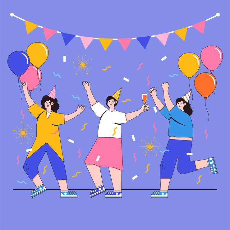 Vector 평면 디자인으로 축하하는 여성 그룹과 함께 새해 복 많이 받으세요 2022 개념. 샴페인 잔, 풍선, 파티 모자와 함께 파티. 배경, 인사말 카드, 소셜 미디어 배너에 대 한 벡터 일러스트 레이 션.