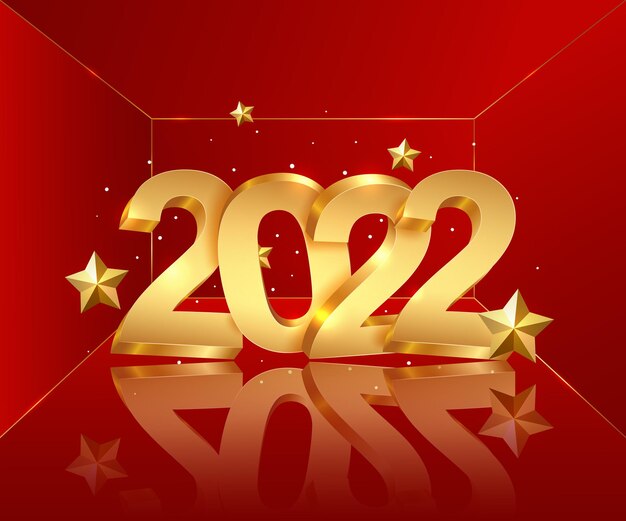 Happy new year 2022 decorative golden bright numbers on a red background