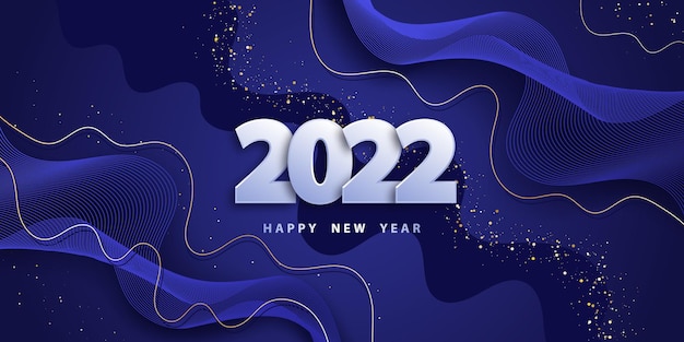 Happy new year 2022 Festive blue background with wavy shapes golden lines and glitter