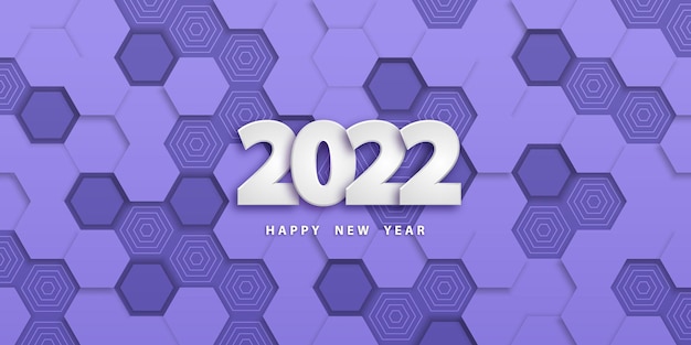 2022년 새해 복 많이 받으세요 육각형이 있는 종이 스타일의 축제 보라색 배경