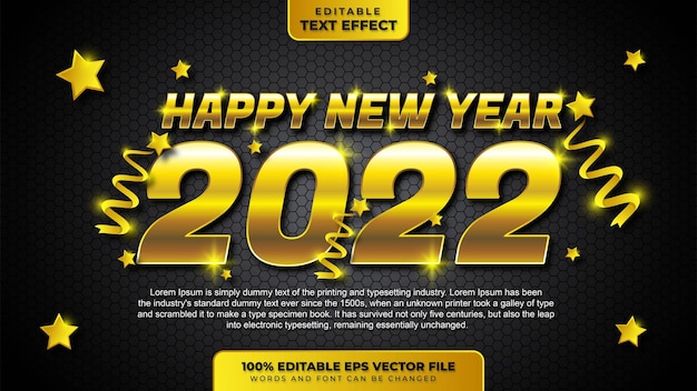 Happy new year 2022 gold 3d editable text effect