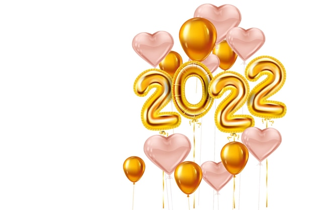 Happy new year 2022 gold balloons stage podium golden foil numerals pink hearts balloons