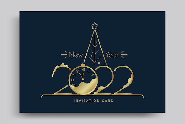 Vector happy new year 2022 gold numbers typography greeting card design with clock xmas tree and decoration