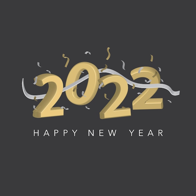 Happy new year. 2022. golden 3d numbers with ribbons and confetti on a defocused colorful, bokeh background.