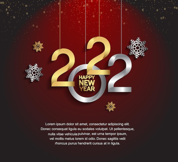 新年あけましておめでとうございます2022年の雪の結晶の孤立した赤い背景を持つ黄金と銀の番号