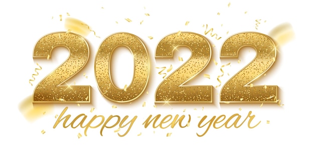 Happy new year 2022. Golden glittering numbers with serpentine and confetti decorations isolated