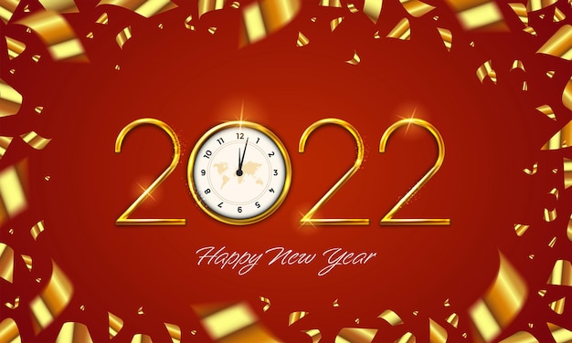 Happy New Year 2022. Golden metal number on festive red background. Festive realistic decoration. Web Poster, banner, cover card, brochure, flyer, layout. Vector 3d illustration