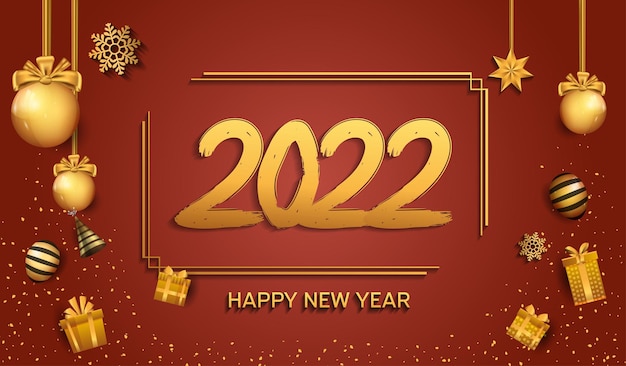 Happy new year 2022 golden number with party element isolated brown background