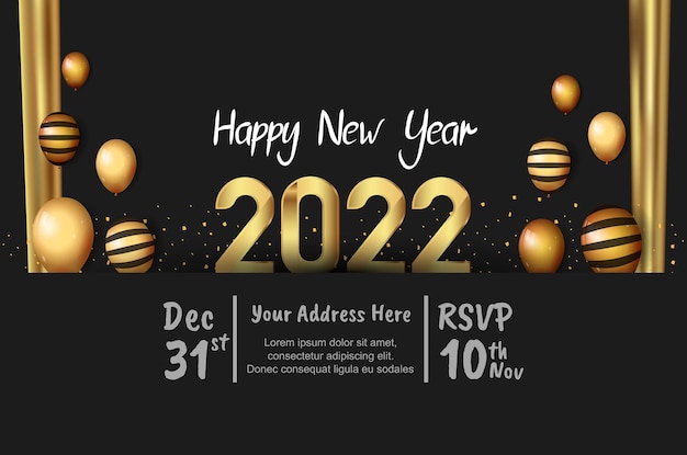 벡터 검은 배경에 고립 된 파티 요소와 함께 행복 한 새 해 2022 황금 번호