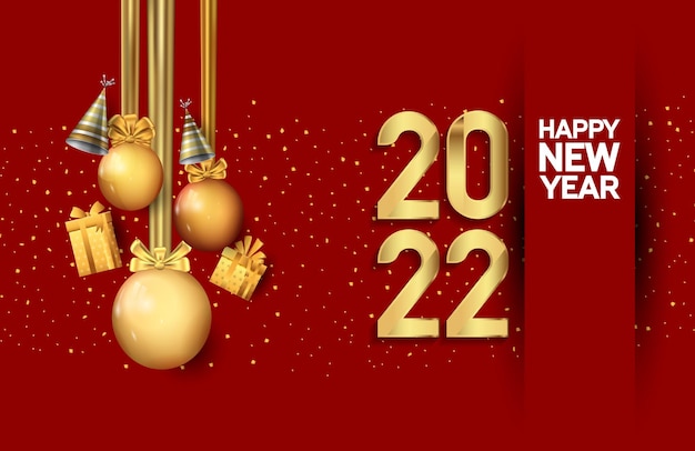 Happy new year 2022 golden number with party element isolated on red background