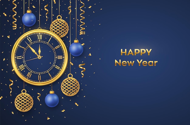 Felice anno nuovo 2022. orologio dorato lucido con numeri romani e conto alla rovescia mezzanotte, vigilia per capodanno. sfondo con brillanti palline d'oro e blu. buon natale. vacanze di natale. illustrazione vettoriale.