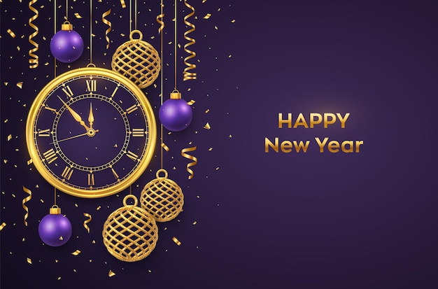 Vector happy new year 2022. golden shiny watch with roman numeral and countdown midnight, eve for new year. background with shining gold and purple balls. merry christmas. xmas holiday. vector illustration.