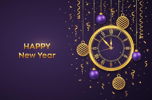 Happy New Year 2022. Golden shiny watch with Roman numeral and countdown midnight, eve for New Year. Background with shining gold and purple balls. Merry Christmas. Xmas holiday. Vector illustration.