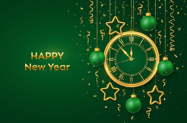 Happy new year 2022. golden shiny watch with roman numeral and countdown midnight, eve for new year. green background with gold stars and balls. merry christmas. xmas holiday. vector illustration.