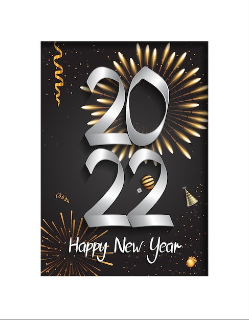 Happy new year 2022 golden and silver color with party element and firework