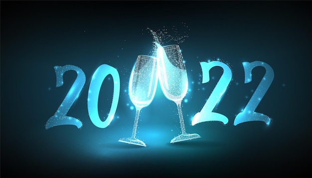 Vettore felice anno nuovo 2022, biglietto di auguri con bicchieri di champagne