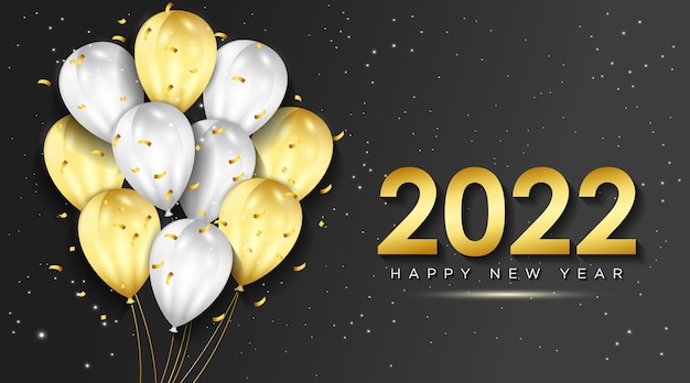 Vector happy new year 2022 greeting card with realistic golden and white balloons celebration background