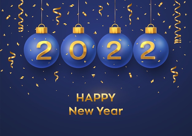 Happy New Year 2022. Hanging Blue Christmas bauble balls with realistic golden 3d numbers 2022 and glitter confetti. Greeting card. Holiday Xmas and New Year poster, banner, flyer. Vector Illustration