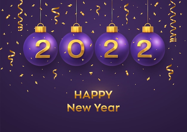 Happy New Year 2022. Hanging purple Christmas bauble balls with realistic golden 3d numbers 2022 and glitter confetti. Greeting card. Holiday Xmas New Year poster, banner, flyer. Vector Illustration.