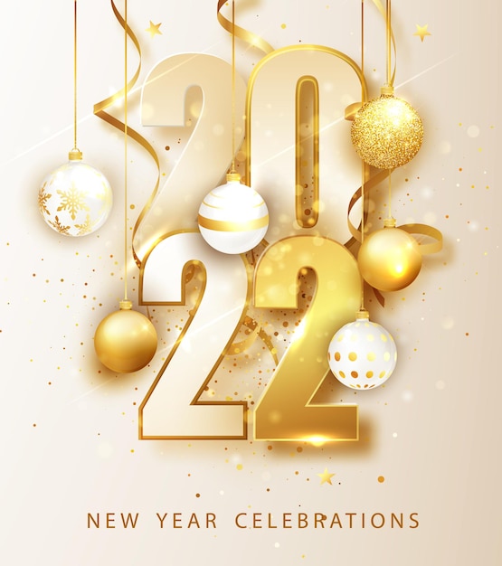 Happy new year 2022. Holiday vector illustration of numbers 2022. Gold Numbers Design of greeting card.
