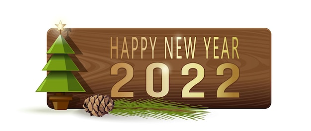Happy new year 2022. horizontal banner with christmas tree and spruce branches on a wooden background. vector illustration