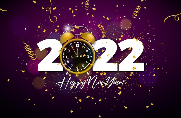 Illustrazione di felice anno nuovo 2022 con orologio numerico e coriandoli che cadono su sfondo colorato